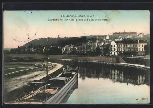 AK Saarbrücken, Saarpartie mit der Allee-Strasse und dem Winterberg