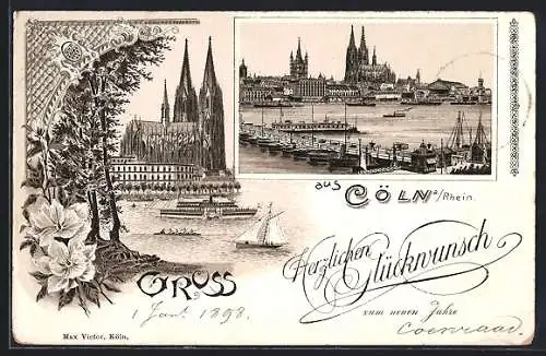 Lithographie Cöln, Dom, Rheinpartie mit Schiffsbrücke