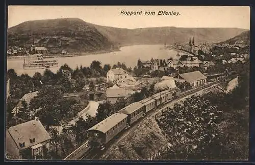 AK Boppard, Blick vom Elfenley auf den Ort, Eisenbahn, Dampfer