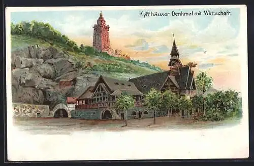 Künstler-AK Kyffhäuser, Kyffhäuser Denkmal mit Gasthaus