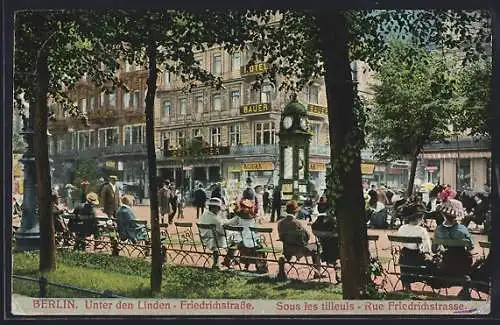 AK Berlin, Unter den Linden, Ecke Friedrichstrasse mit Wettersäule