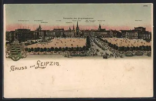 Lithographie Leipzig, Panorama des Augustusplatzes mit Brunnen und Strassenbahnen, Wappen