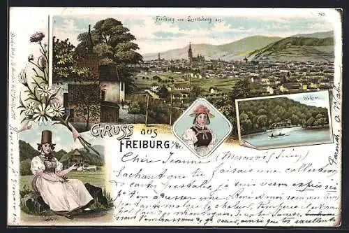 Lithographie Freiburg / Breisgau, Waldsee und Sicht auf Freiburg vom Lorettoberg aus