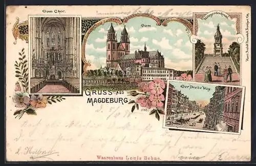 Lithographie Magdeburg, Dom, Chor, Kriegerdenkmal