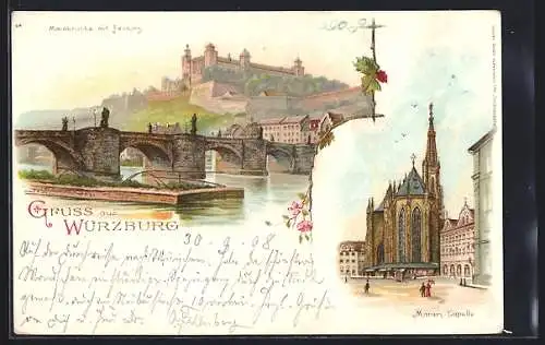 Lithographie Würzburg, Alte Mainbrücke mit Festung, Marien-Capelle