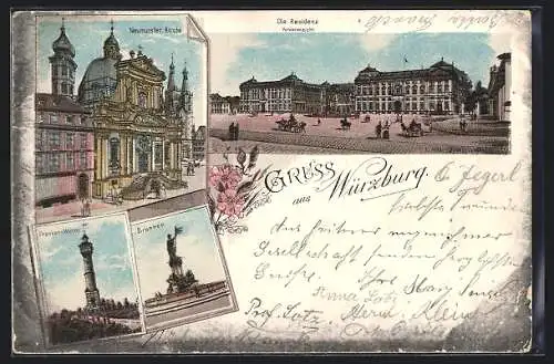 Lithographie Würzburg, Neumünster-Kirche, Residenz, Brunnen und Franken-Warte