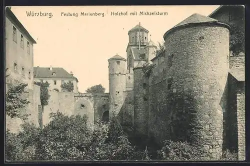 AK Würzburg, Festung Marienberg, Holzhof mit Michaelsturm