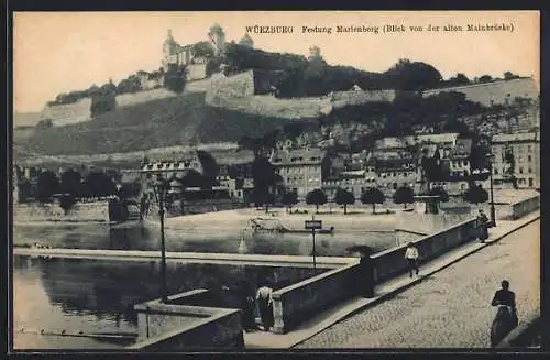 AK Würzburg, Mainufer, Festung Marienberg (Blick von der alten Mainbrücke)