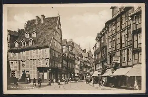 AK Hannover, Marktstrasse mit Geschäften, Radfahrer