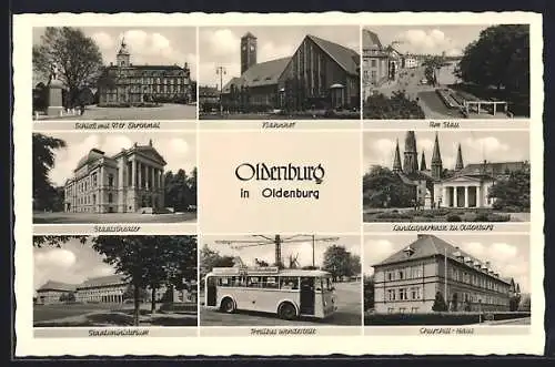 AK Oldenburg i. O., Trollibus Wendestelle, Bahnhof mit Strasse, Churchill-Haus