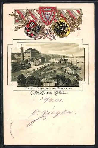 Passepartout-Lithographie Kiel, Königl. Schloss und Seegarten, Wappen