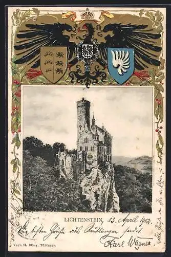 Passepartout-Lithographie Lichtenstein / Echaztal, Blick auf die Burg, Wappen