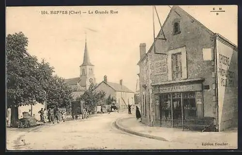 AK Beffes, La Grande Rue avec église et boutiques