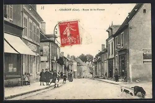 AK Charost, Rue animée de la Route de St-Florent avec passants et commerces