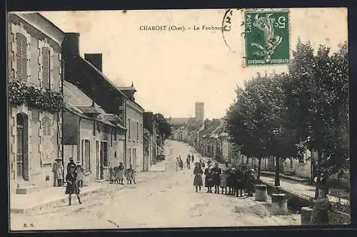 AK Charost, Le Faubourg avec enfants dans la rue