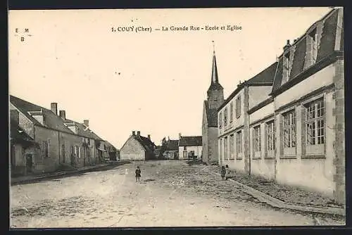 AK Couy, La Grande Rue, École et Église