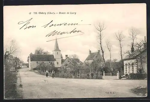 AK Chéry, Route de Lury avec vue sur l`église et maisons environnantes