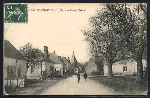 AK Farges-en-Septaine, Route d`Avord avec vue sur les maisons et arbres en hiver