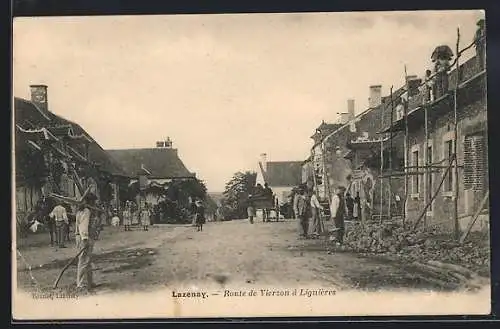 AK Lazenay, Route de Vierzon à Lignières avec villageois et travaux de construction