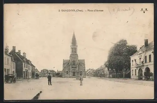 AK Sancoins, Place d`Armes avec église au centre et bâtiments environnants