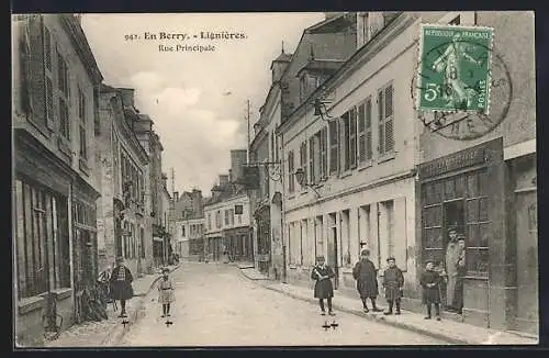 AK Lignières, Rue Principale avec enfants jouant dans la rue