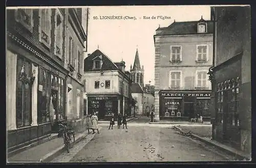 AK Lignières, Rue de l`Église avec commerces et passants