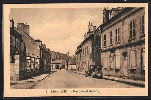 AK Lignières, Rue Maréchal-Joffre avec voiture ancienne