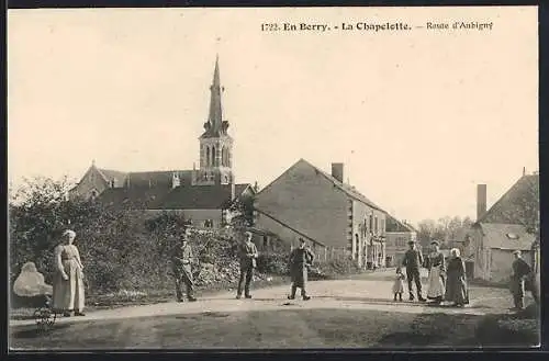 AK La Chapelotte, Route d`Aubigny et église en arrière-plan