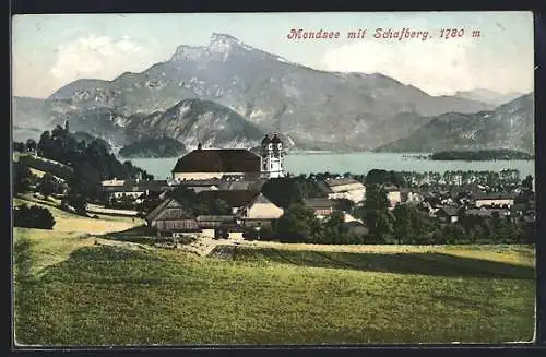 AK Mondsee, Ortsansicht mit Schafberg