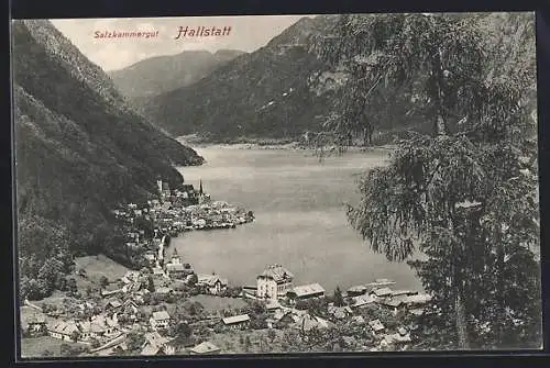 AK Hallstatt /Salzkammergut, Ortsansicht mit See und Bergen