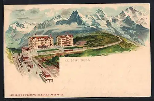 Lithographie Kl. Scheidegg, Kurhaus mit Bahnhof und Bergpanorama