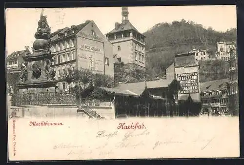 AK Karlsbad, Ortsansicht mit Marktbrunnen