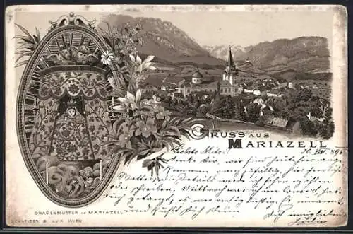 Vorläufer-Lithographie Mariazell, 1895, Ortsansicht mit Basilika, Gnadenmutter