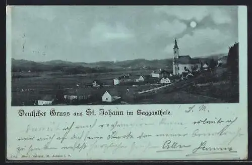 Mondschein-AK St. Johann im Saggauthal, Ortsansicht mit der Kirche