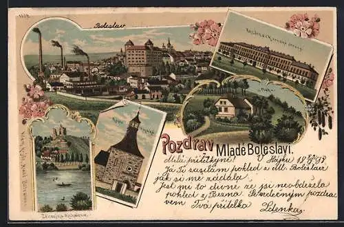 Lithographie Jung Bunzlau / Mlada Boleslav, Kasarna, Kaple, Panorama