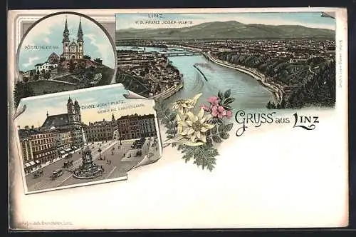 Lithographie Linz a. D., Franz Josefs Platz gegen die Landstrasse, Pöstlingberg