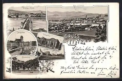 Lithographie Linz, Brücke und Urfahr, Linz von Urfahr, Calvarienberg