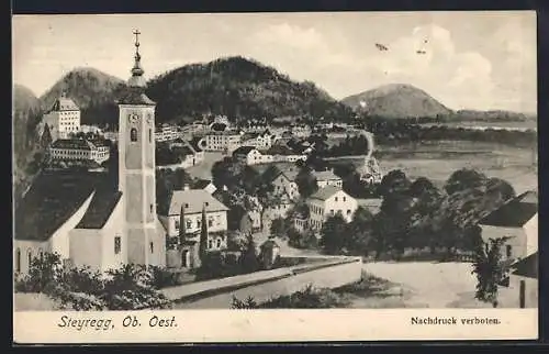 Künstler-AK Steyregg /Ob. Oest., Ortsansicht mit der Kirche