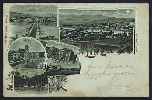 Mondschein-Lithographie Linz a. D., Hauptplatz, Volksgarten, Freinberg, Calvarienberg, Ortsansicht