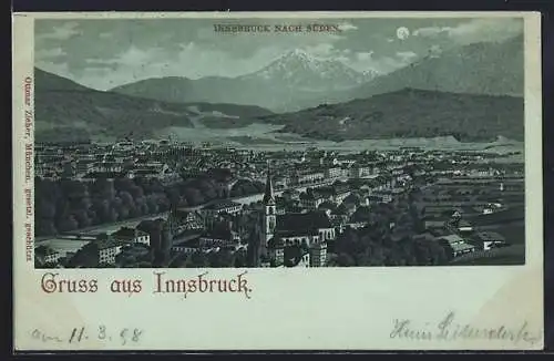 Mondschein-Lithographie Innsbruck, Totalansicht gegen die Berge