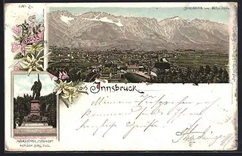 Lithographie Innsbruck, Andrä-Hofer-Denkmal, Gesamtansicht vom Berg Isel aus