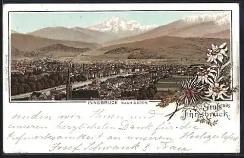 Lithographie Innsbruck, Totalansicht aus der Vogelschau