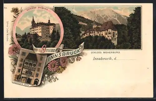 Lithographie Innsbruck, Schlösser Ambras und Weiherburg, Goldenes Dachl