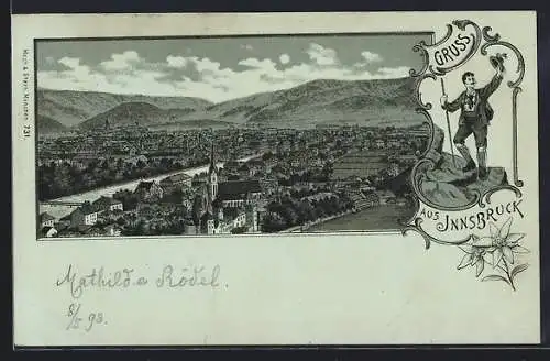 Mondschein-Lithographie Innsbruck, Totalansicht gegen die Berge