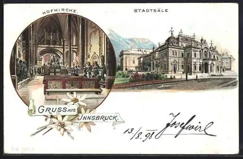 Lithographie Innsbruck, Innenansicht der Hofkirche, Stadtsäle, Edelweiss