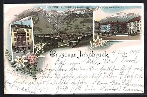 Lithographie Innsbruck, Margarethenplatz, das Goldene Dachl, Ortsansicht gegen Norden mit Sillschlucht