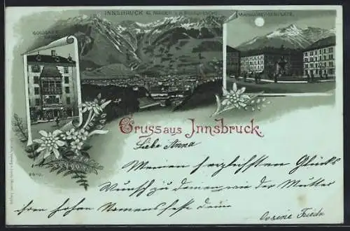 Mondschein-Lithographie Innsbruck, Margarethenplatz, Goldenes Dachl, Totalansicht v. d. Sillschlucht