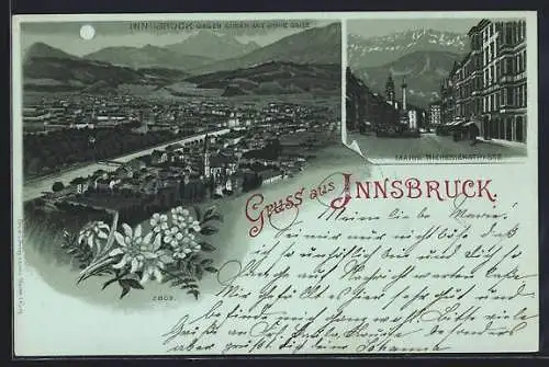 Mondschein-Lithographie Innsbruck, Maria Theresienstrasse, Ortsansicht gegen Süden mit Hohe Salve