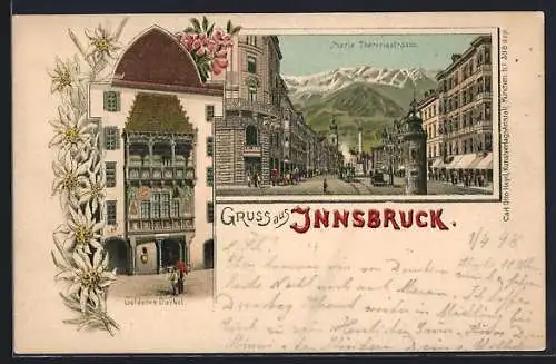 Lithographie Innsbruck, Maria-Theresien-Strasse, Haus Goldenes Dachel