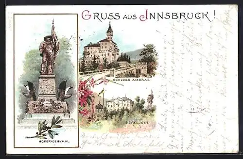 Lithographie Innsbruck, Hofer-Denkmal, Schloss Ambras, Berg Isel